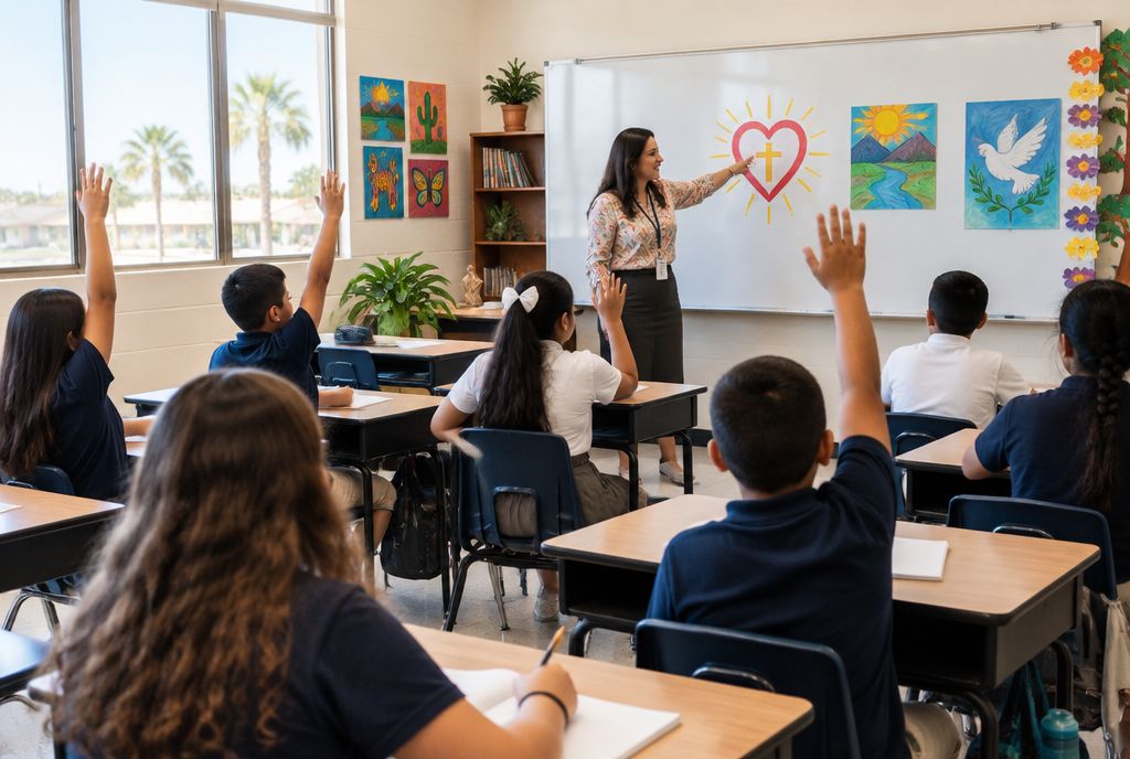 Students raising their hands in a bilingual Christian school classroom in the Rio Grande Valley