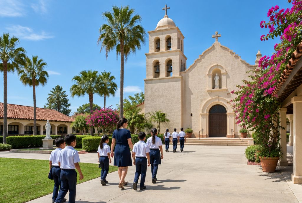 Mission-style Catholic church and parish school courtyard with palms and bougainvillea in the Rio Grande Valley